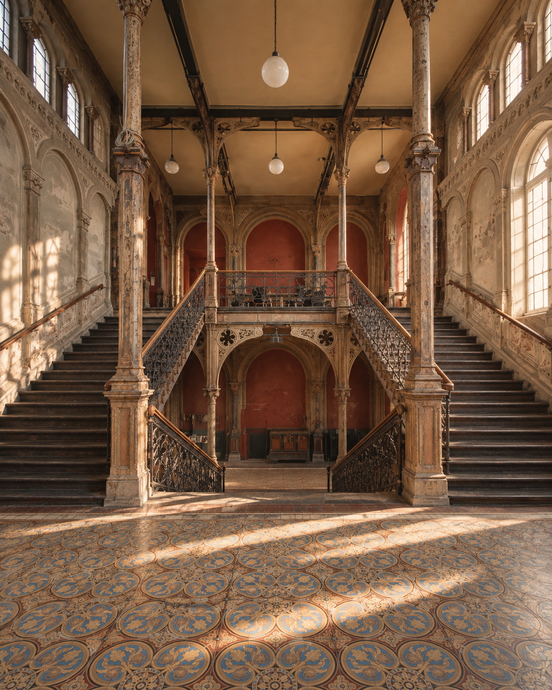 Historische Treppenhalle der Cumberlandschen mit verzierten Säulen und großen Fenstern